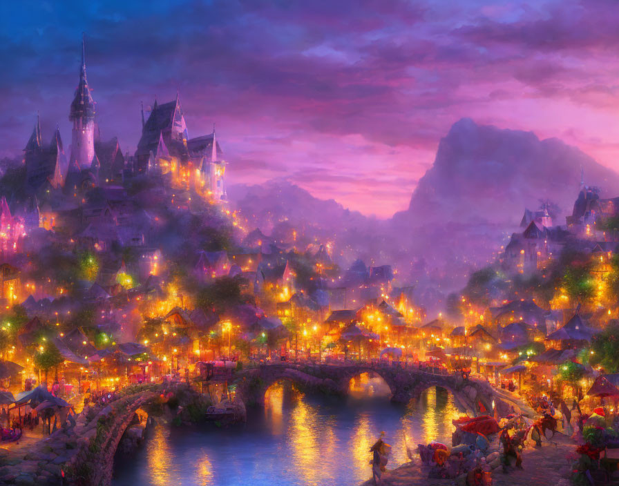 Twilight fairy-tale village with castle, bridges, and mountains