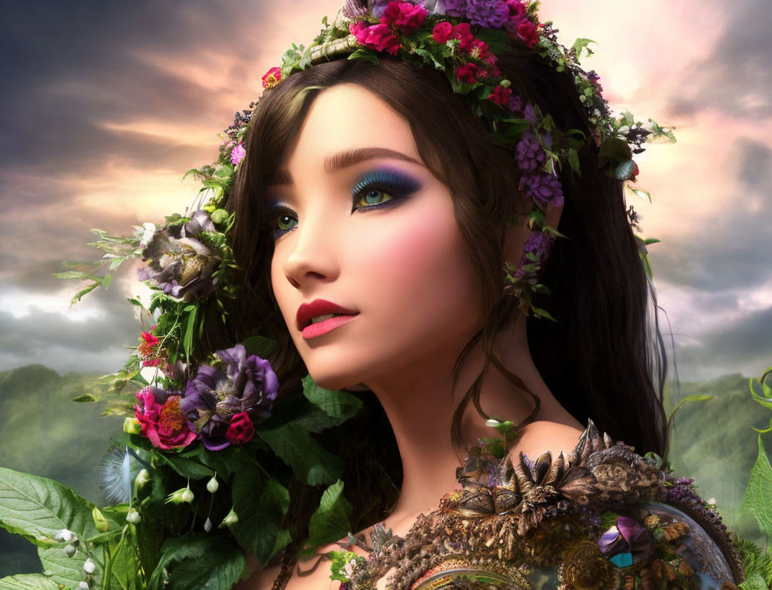 Digital Art: Woman with Floral Crown in Dreamy Landscape