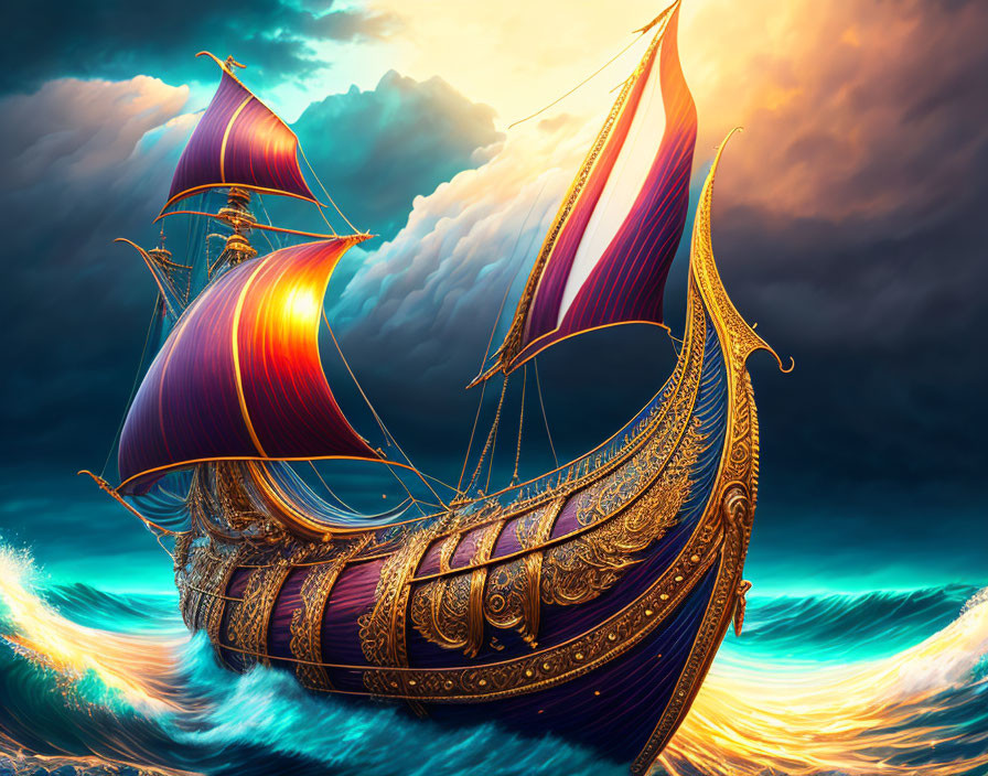 Colorful ship with purple and gold sails on stormy ocean waves.