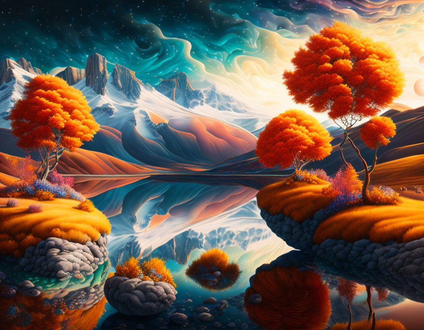 Fantasy landscape with orange foliage, floating islands, mountains, and celestial sky