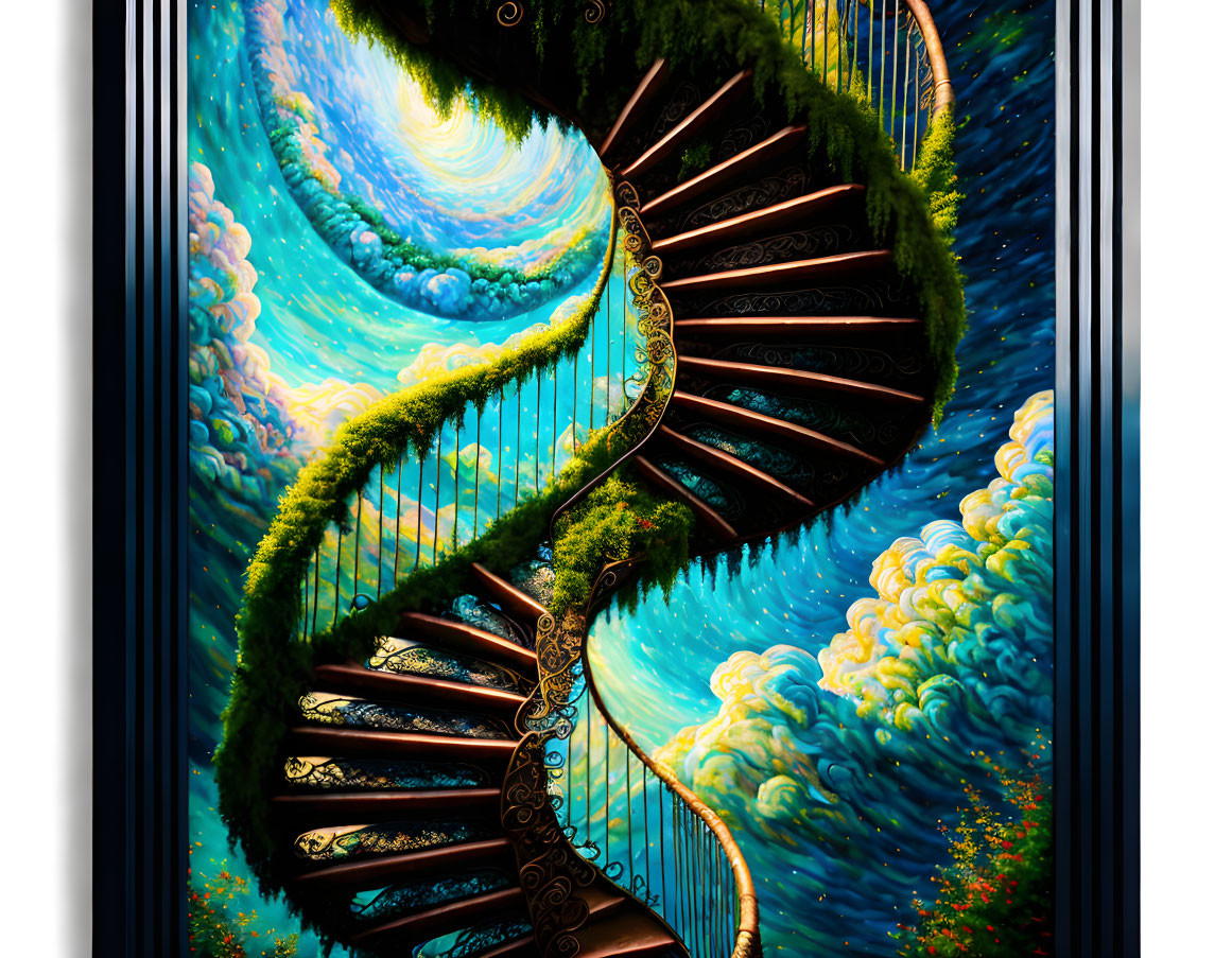 Spiraling staircase in whimsical sky with swirling clouds