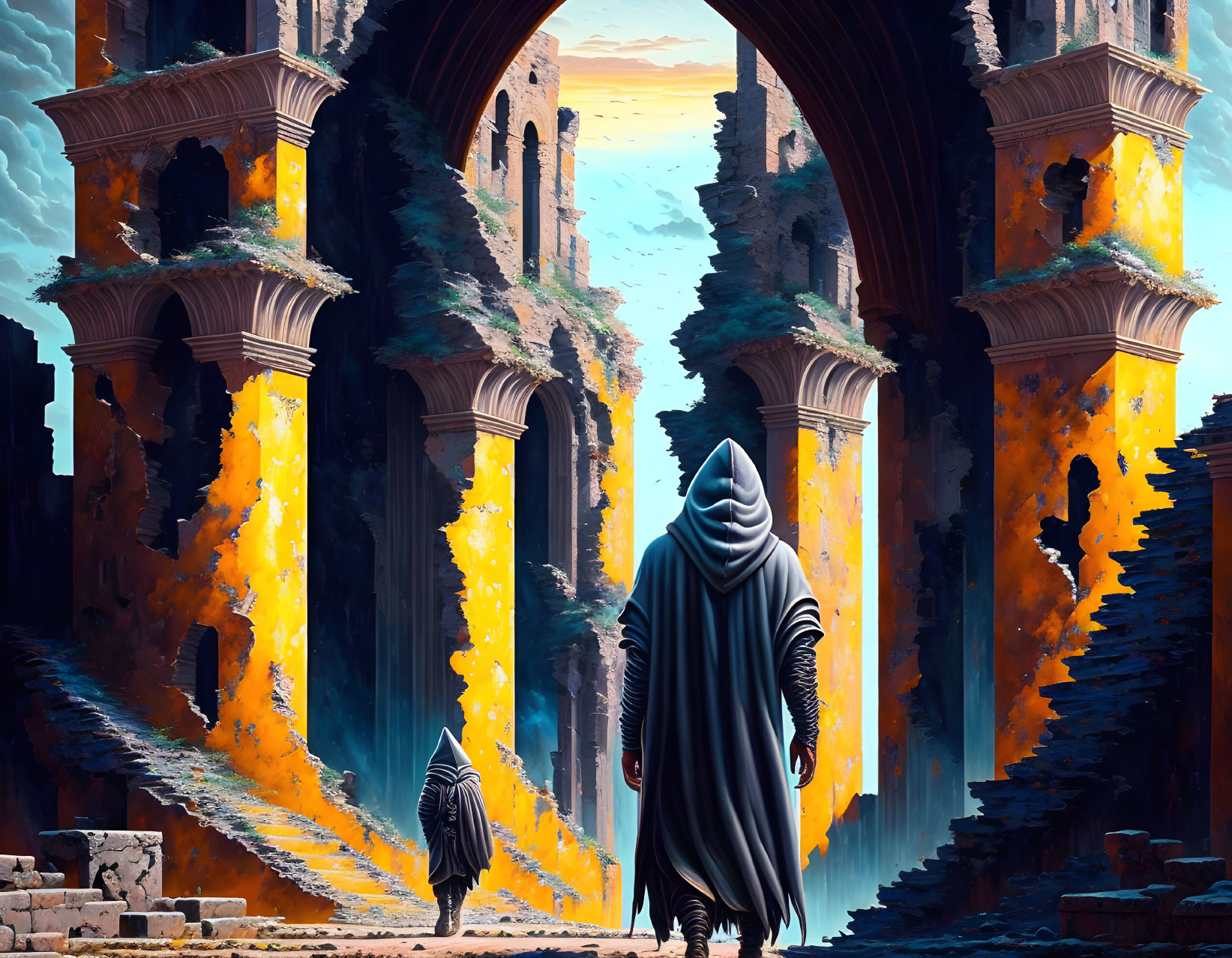 Cloaked Figure in Ruins with Fiery Waterfalls at Sunset