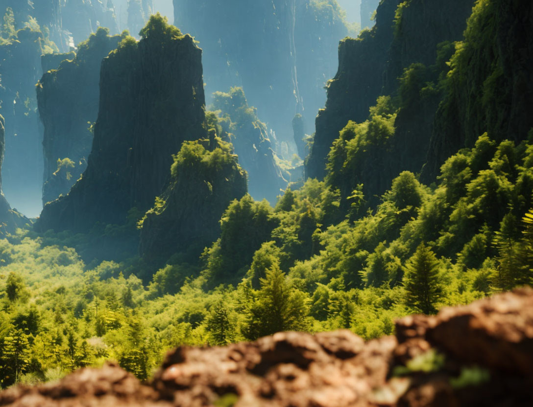 Misty forest with towering cliffs and sunrays creating mystical ambiance