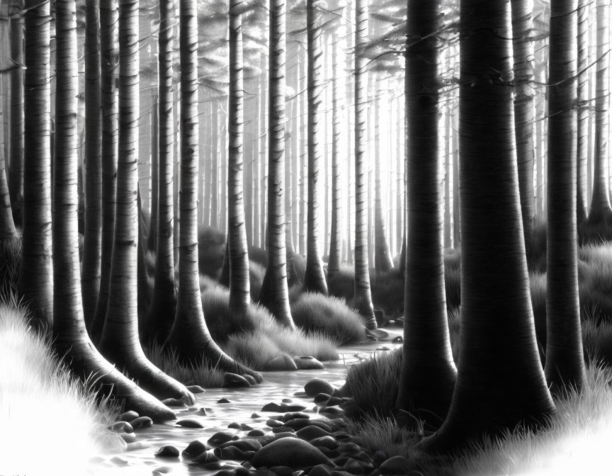 Monochromatic dense forest with tall trees and sunlight filtering through fog