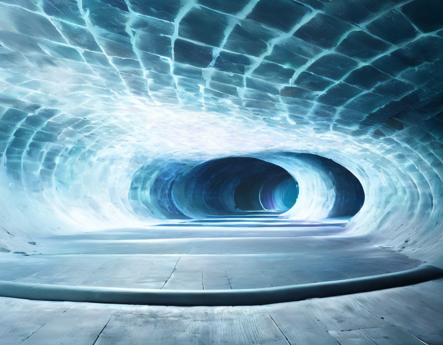 Blue-lit ice cave with smooth pathway into winding glacial tunnel