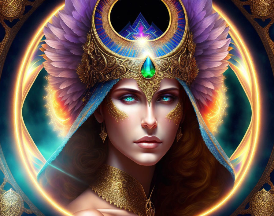 Digital portrait of a woman with blue eyes in gold and amethyst headdress.