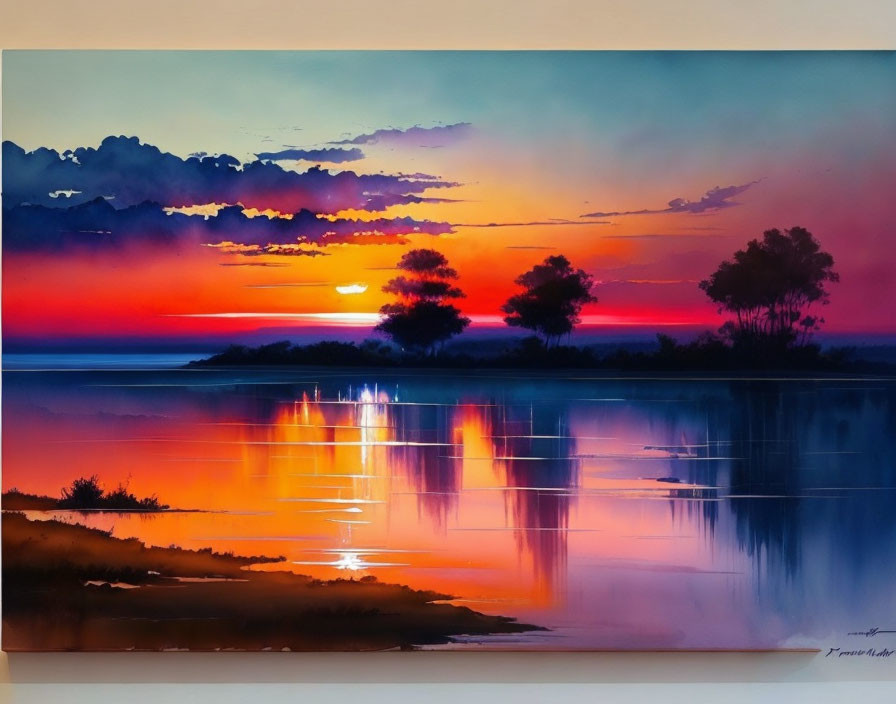 Vibrant sunset painting with orange sun, calm lake, blue, purple, and orange sky reflections