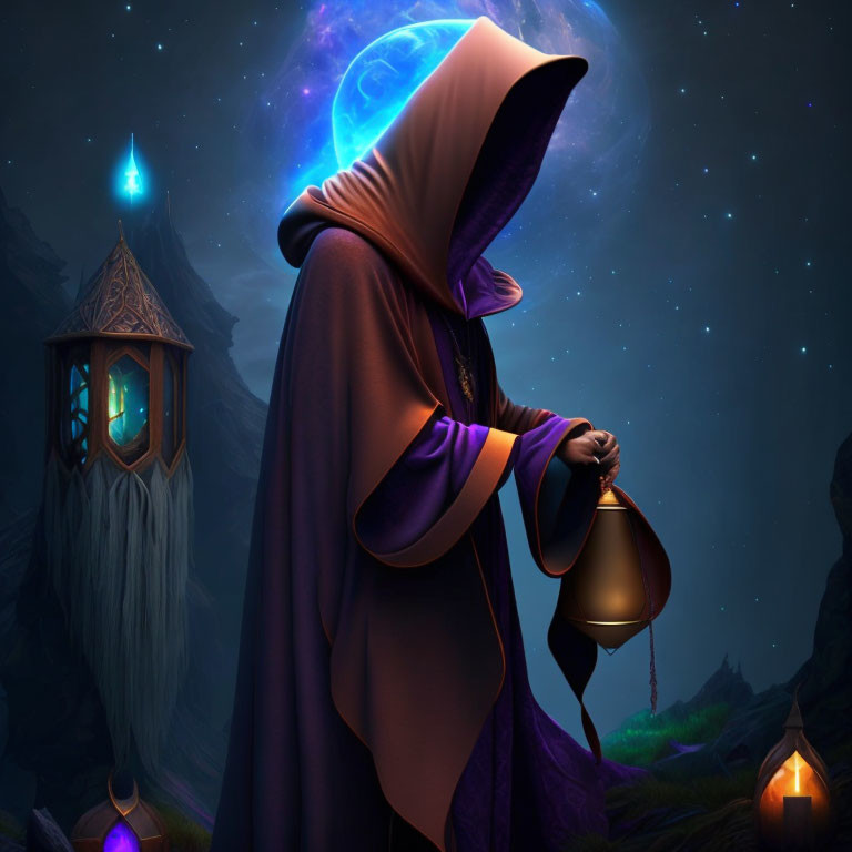 Cloaked Figure with Lantern in Mystical Night Sky