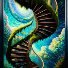 Spiraling staircase in whimsical sky with swirling clouds