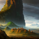 Majestic fantasy landscape with towering cliffs and golden city under dramatic sky