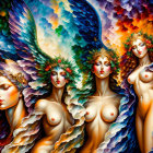 Four angelic figures with intricate wings and floral headpieces in warm colors.