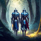 Armored knights in misty forest with sword and sunlight.