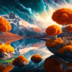 Fantasy landscape with orange foliage, floating islands, mountains, and celestial sky