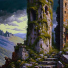 Fantastical landscape with ancient ruins and moss-covered towers