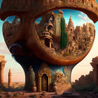 Surreal face-shaped structure with intricate buildings in desert landscape