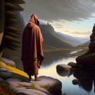 Monk in orange robes on rocky outcrop above mountain lake