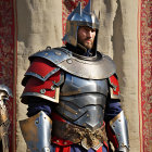 Medieval knight in silver helmet and red accents before decorative banner