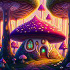 Fantasy forest with whimsical mushroom houses and glowing lights