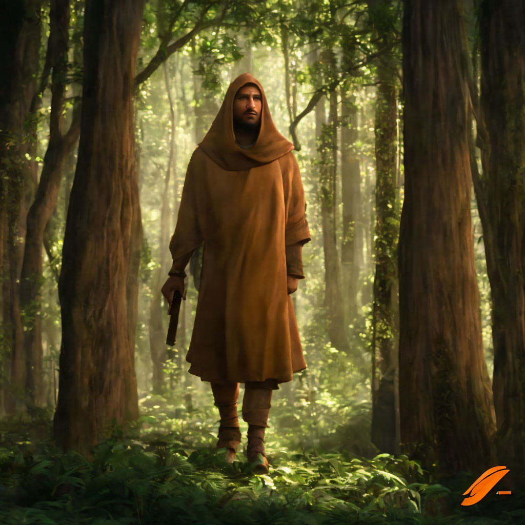 Cloaked figure with sword in sunlit forest landscape