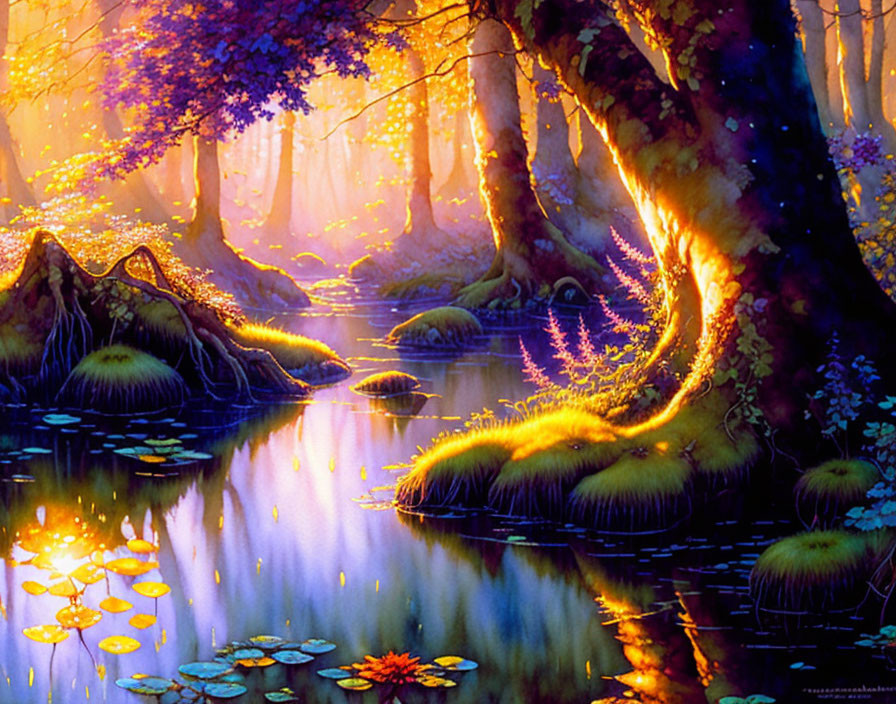 Luminous fantasy forest with purple foliage and reflective waterway