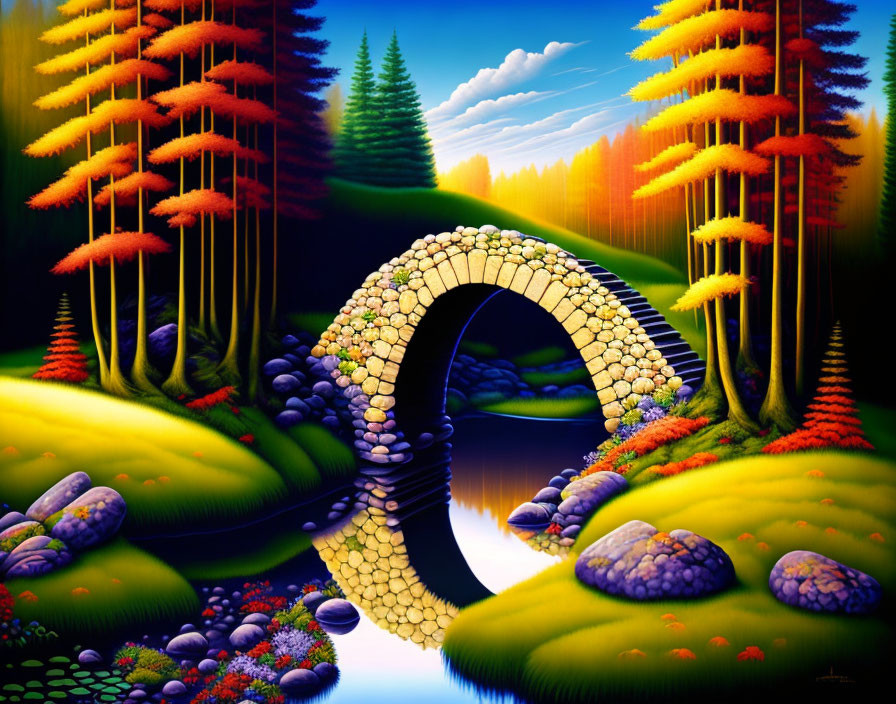 Colorful painting of arched stone bridge over river with vibrant trees and dreamlike atmosphere