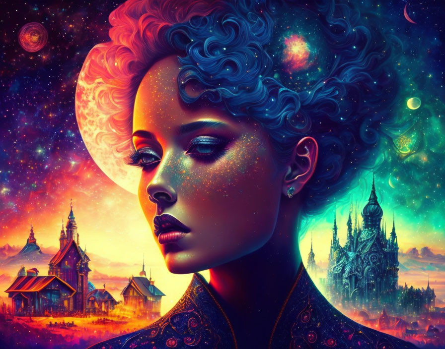 Colorful digital portrait of woman with blue curly hair in cosmic setting