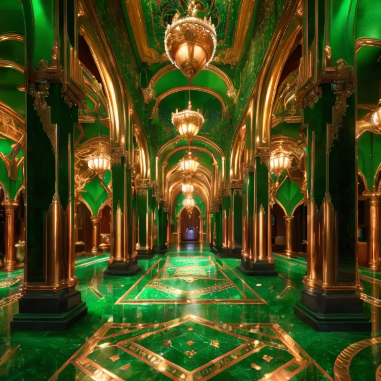 Luxurious Green and Gold Decor Hallway with Ornate Columns and Arches