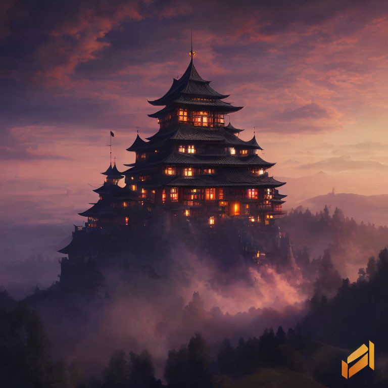 Traditional Pagoda Illuminated in Misty Twilight