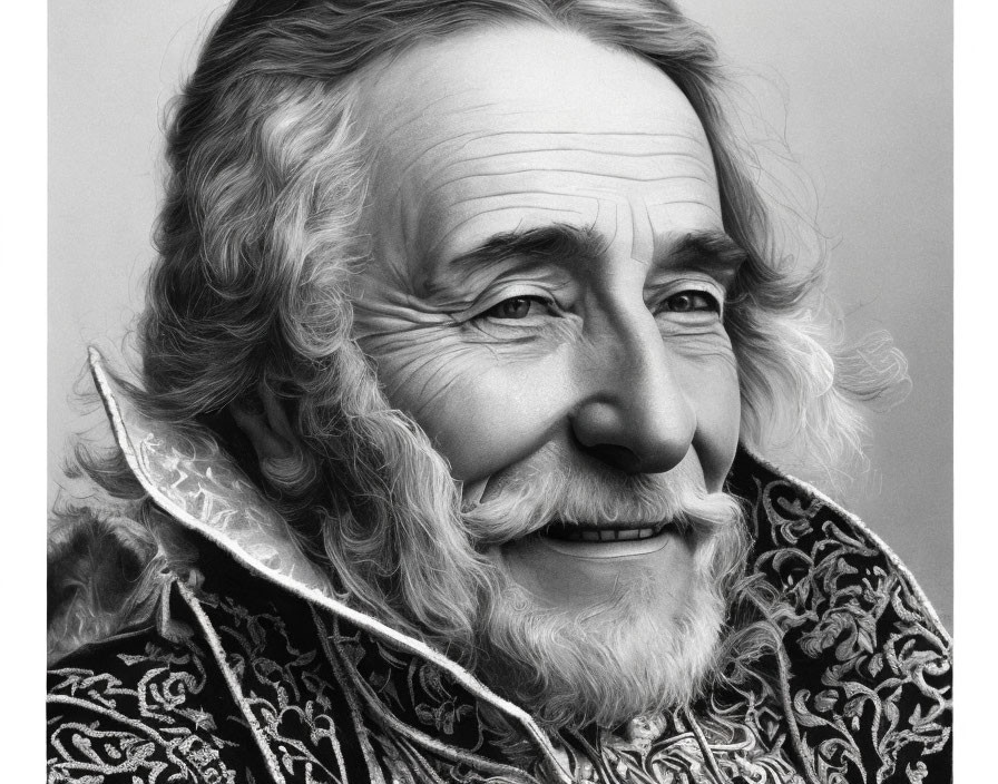 Elderly man portrait with cheerful expression and ornate clothing