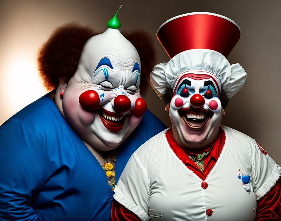 Colorful Clown Duo with Exaggerated Makeup and Red Noses