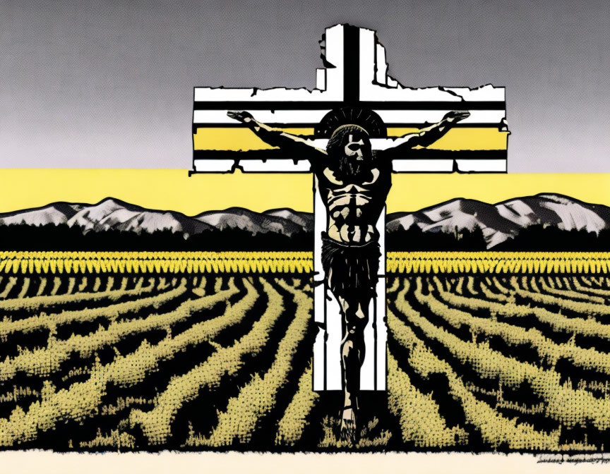 Person on Cross in Yellow Fields with Mountains: Stylized Illustration