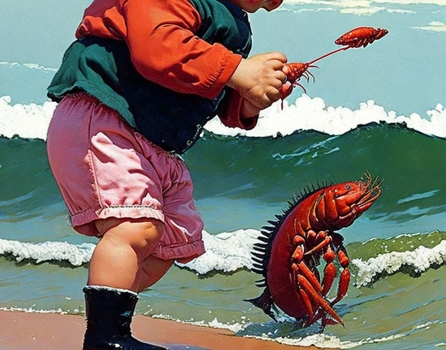 Child in red sweater examines small lobster with larger one behind