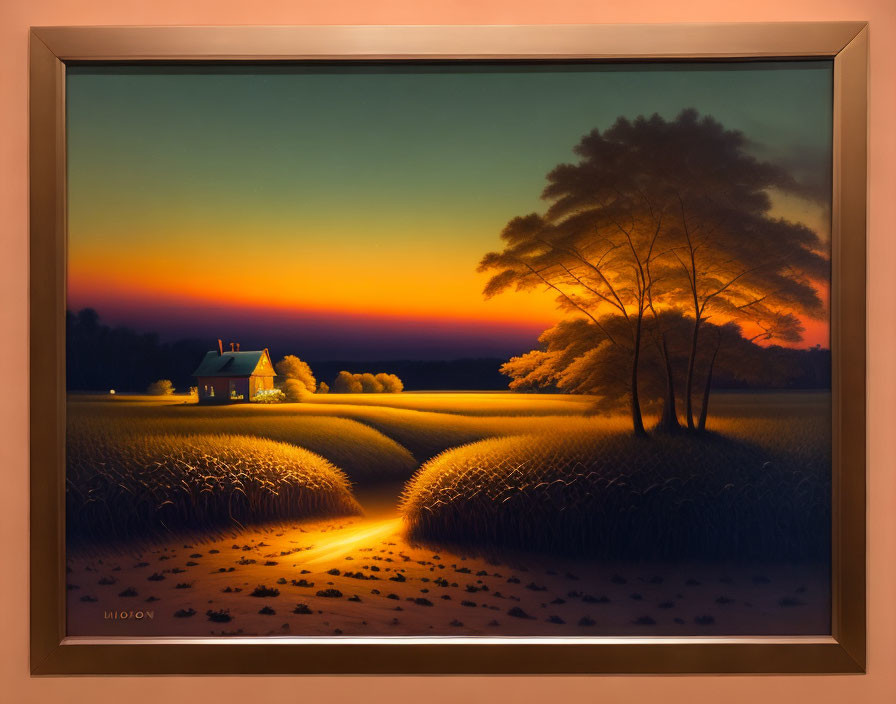 Tranquil countryside sunset with lone house, fields, and tree in picture frame