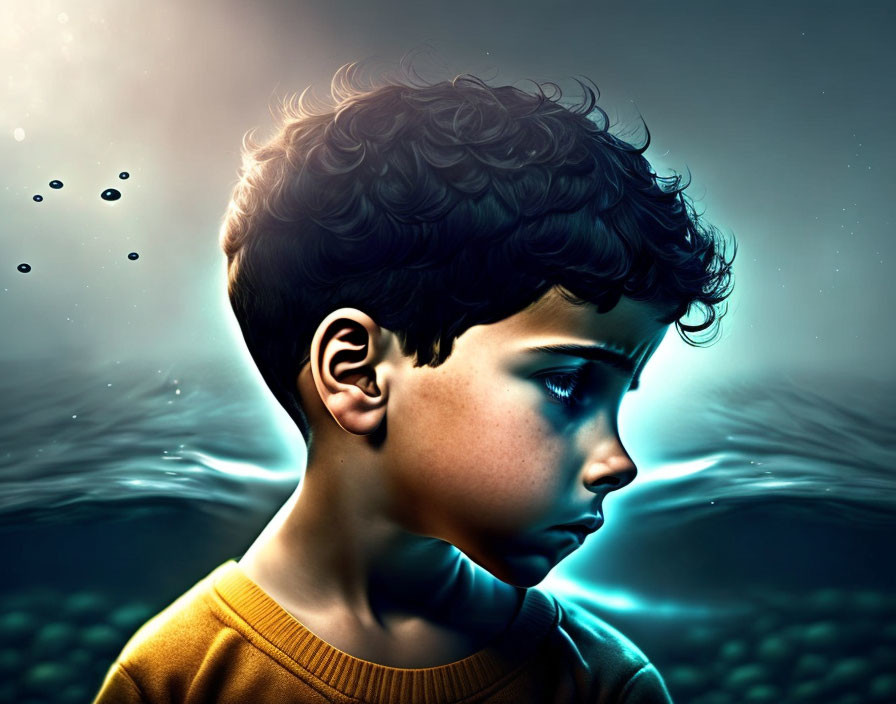 Young boy with curly hair in profile against water backdrop - contemplative illustration