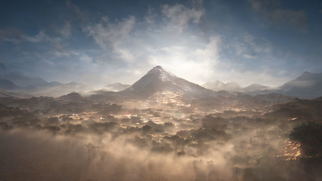 Majestic mountain peak above misty forests, reflective lake, and sunbeams in the sky