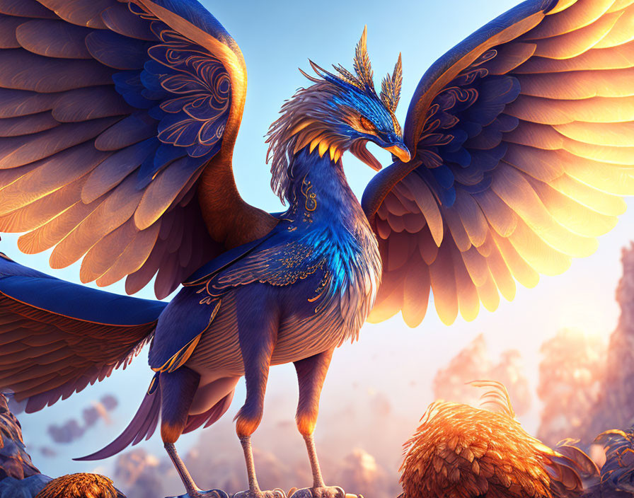 Majestic mythical bird with blue and gold plumage in golden sky