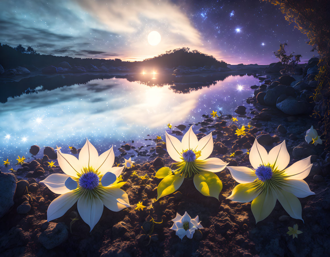 Tranquil lake scene with white and yellow flowers under starry sky