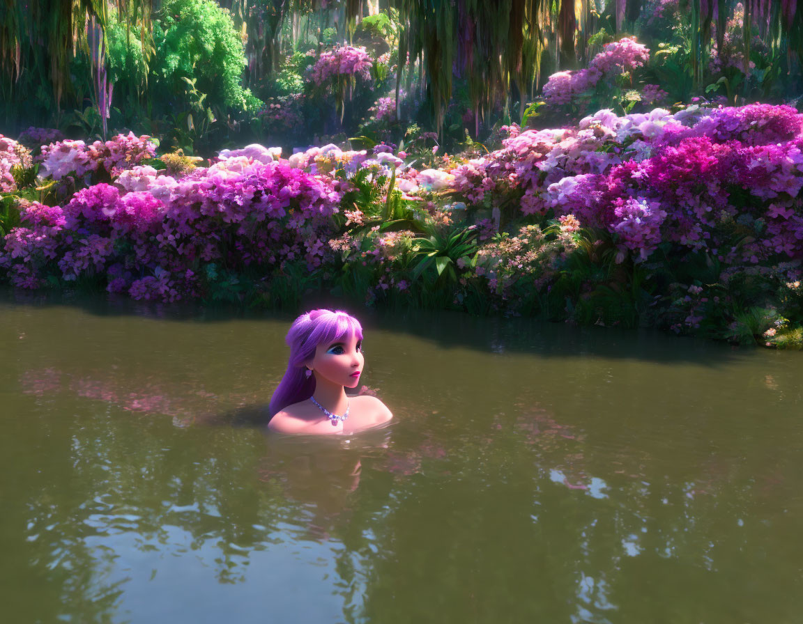 Punk girl bathing in flowery swamp