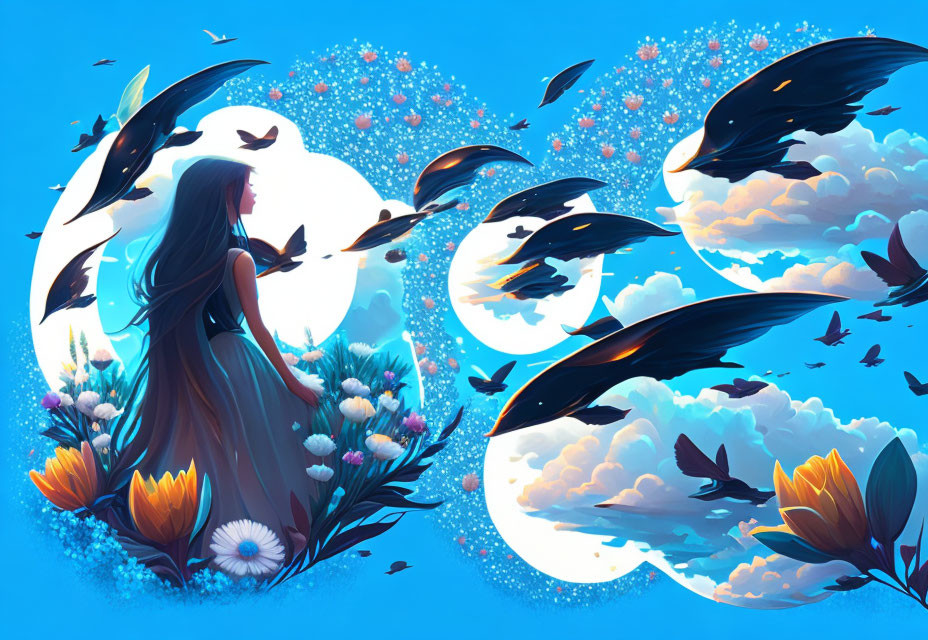 Illustration: Woman with orcas and flowers in dreamlike setting