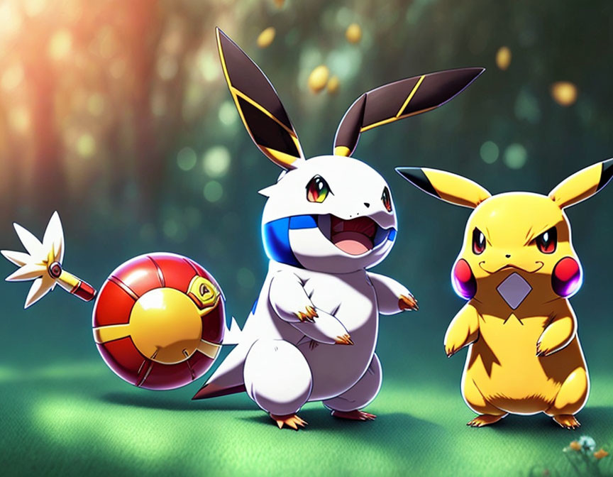 Animated Pikachu and Pichu with Poké Ball in grassy area