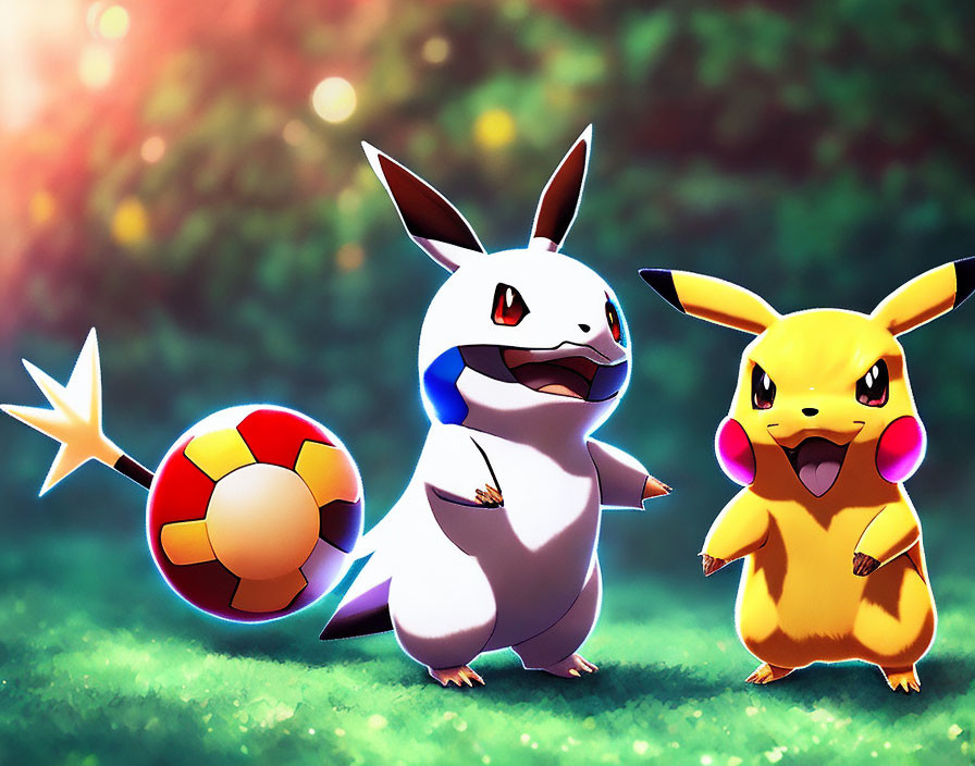 Animated Pikachu and Togepi with Poké Ball in bright bokeh background