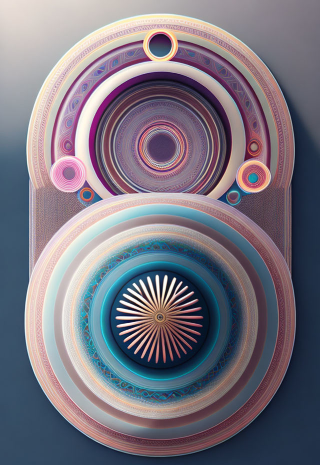 Abstract vertically layered circular design in pastel purples, blues, and pinks