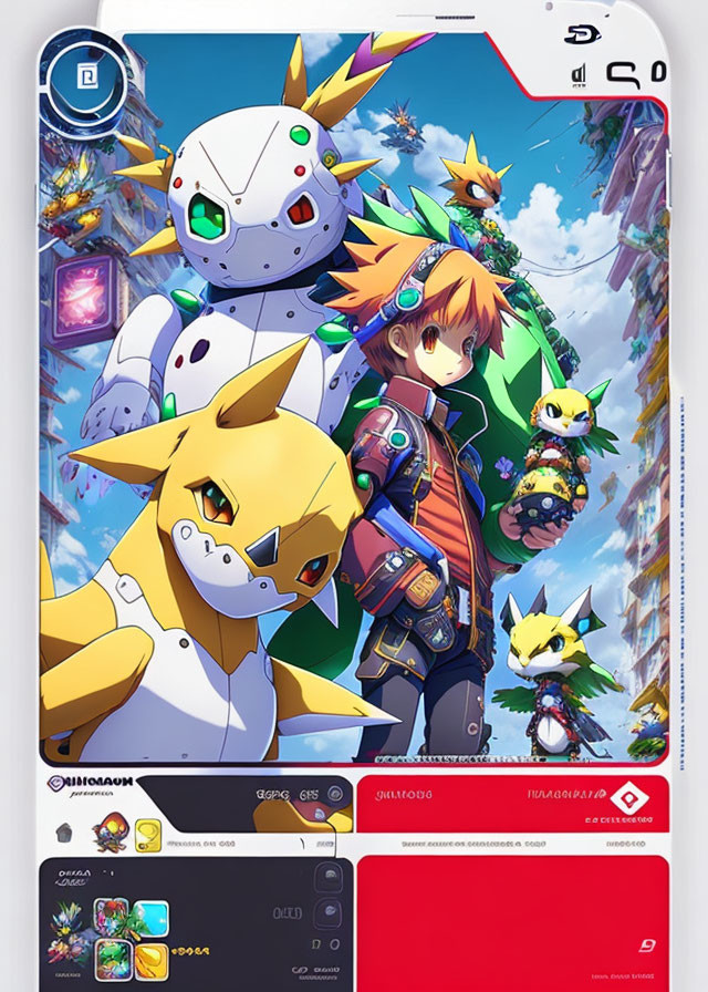 Vibrant anime-style artwork: young boy with orange hair and Digimon characters in fantastical setting