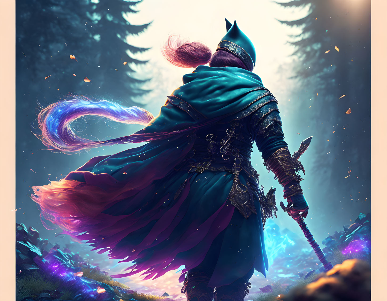 Knight in Teal and Purple Cloak with Glowing Hair and Sword in Enchanted Forest