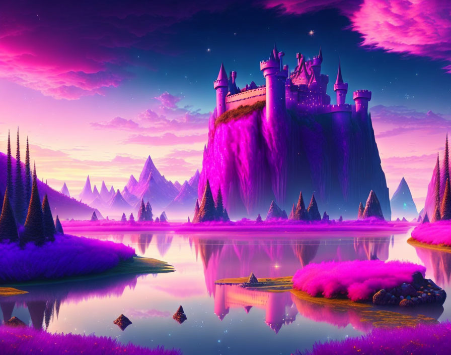 Fantasy landscape with castle, purple foliage, mountains, and reflective lake