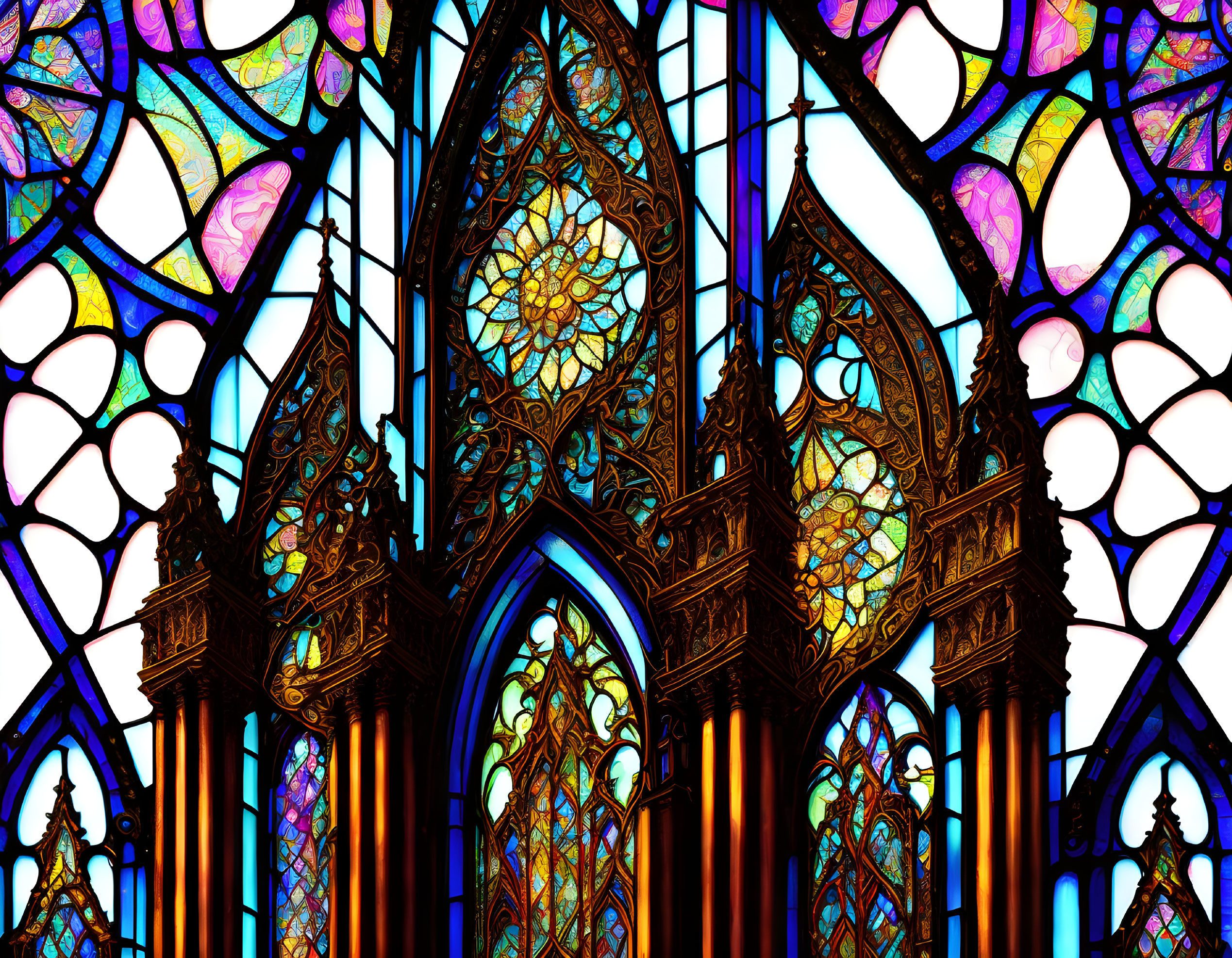 Colorful Gothic arches stained glass window in blue, purple, and gold tones