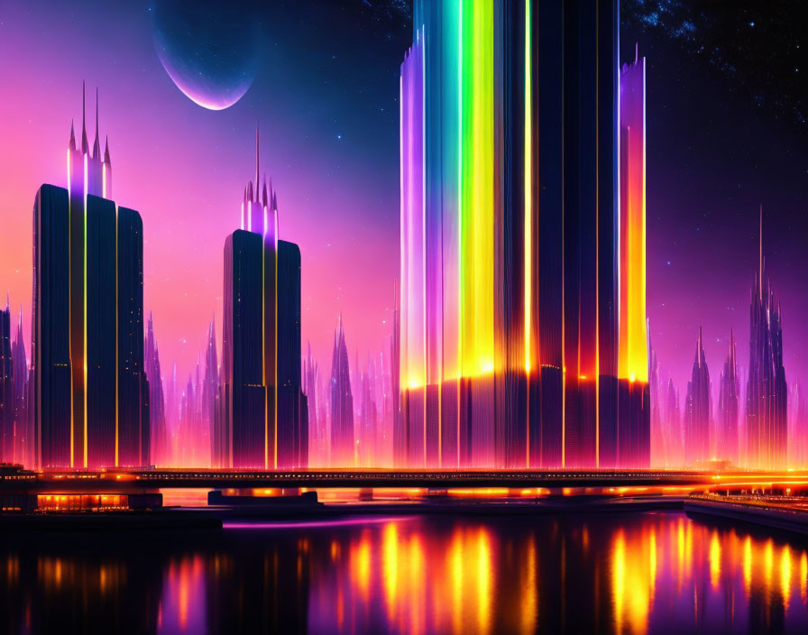 Futuristic cityscape at night with neon lights and moon reflected on water