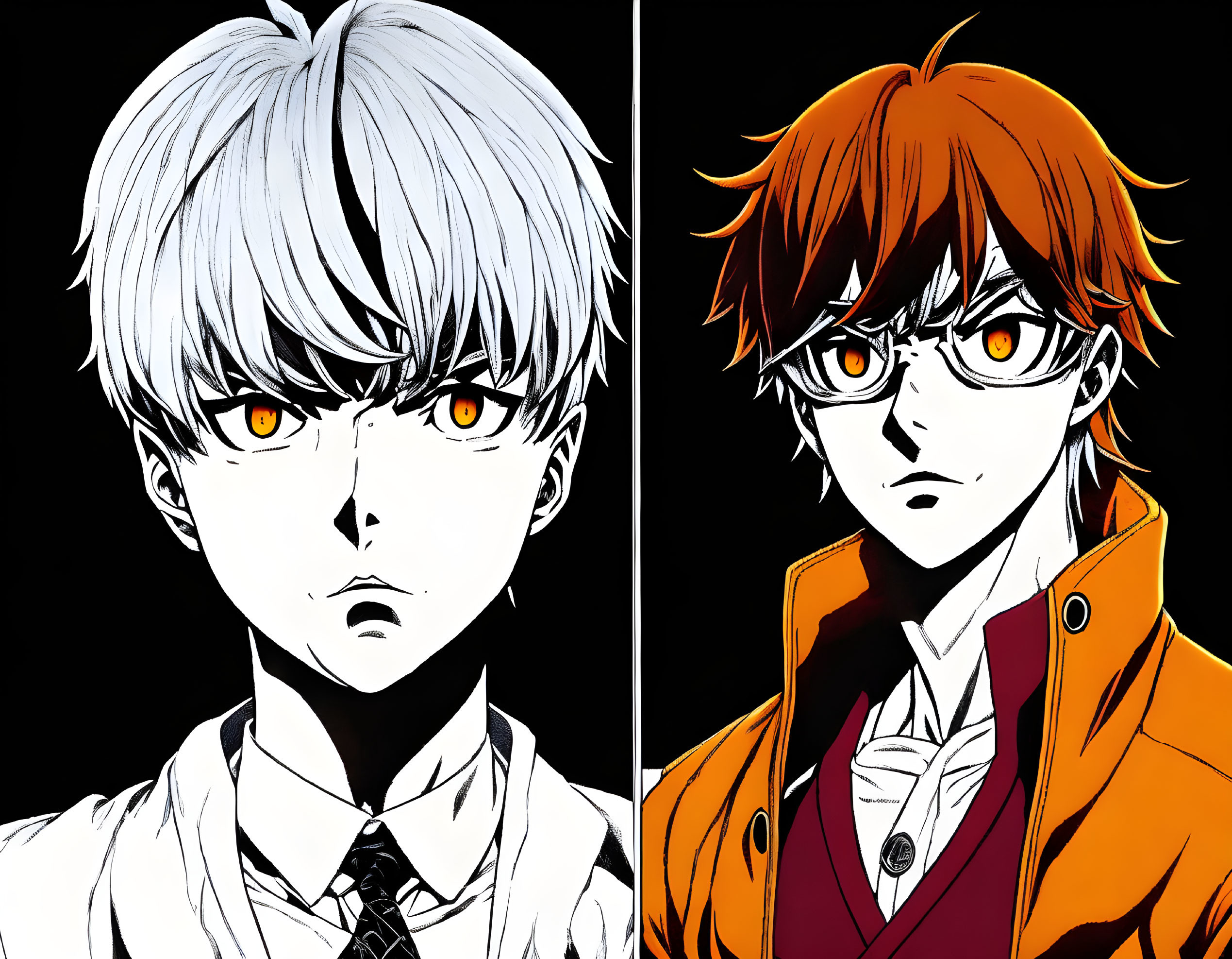 Split-frame Anime Characters: Silver and Red Hair, Intense Yellow Eyes