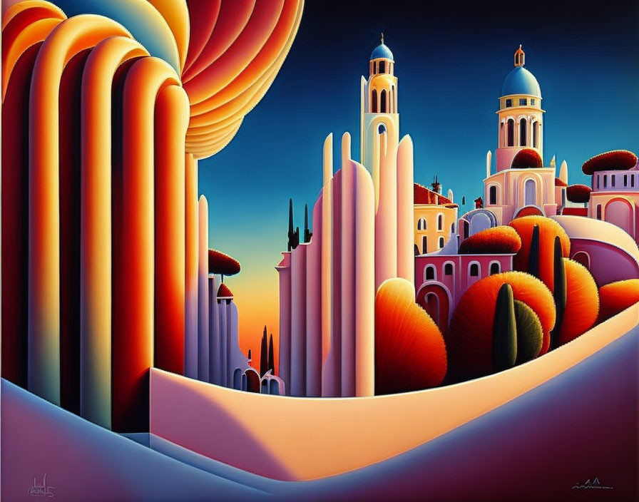 Vibrant coastal town painting with surreal architecture and sunset sky