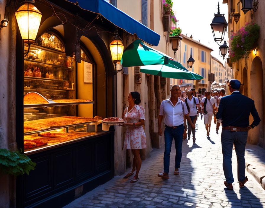 European Street Scene with Pedestrians and Sidewalk Cafe